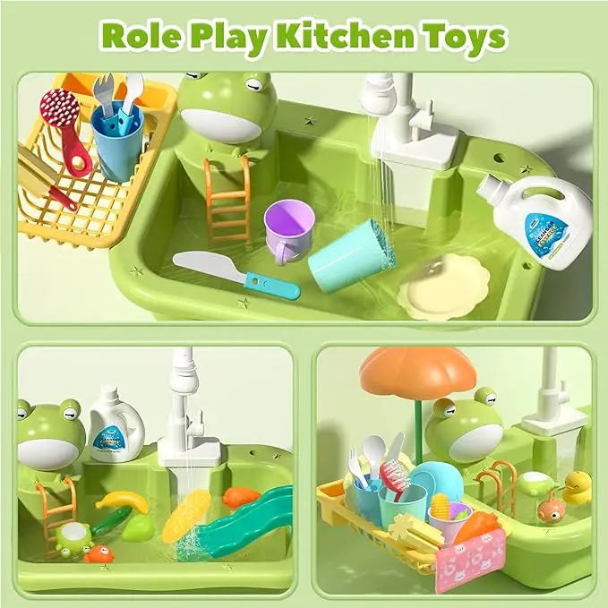 Play Sink with Running Water, Kitchen Sink Toys with Upgraded Electric Faucet