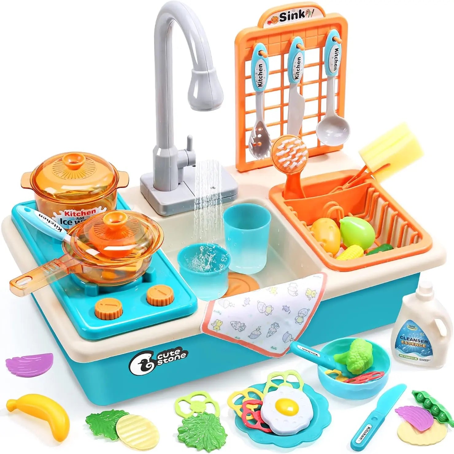 Play Sink with Running Water, Kitchen Sink Toys with Upgraded Electric Faucet